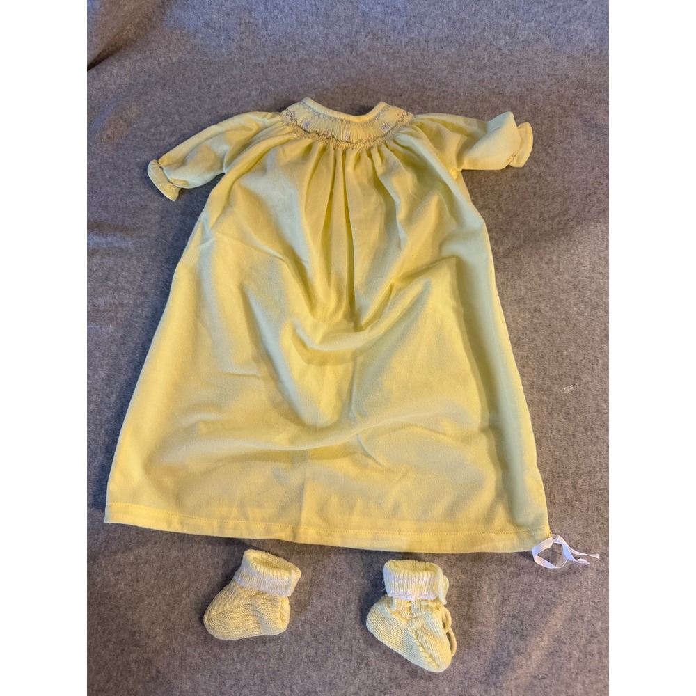 Fancy Turnout Vintage Infant Gown and Booties Set Smocked Yellow Baby Sleepwear